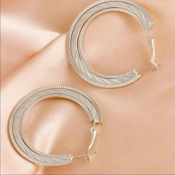 🪙 Silver Textured Hoop Earrings - Picture 3 of 7